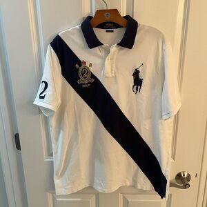 Vintage Polo Ralph Lauren White and Navy Polo Shirt slim fit Large